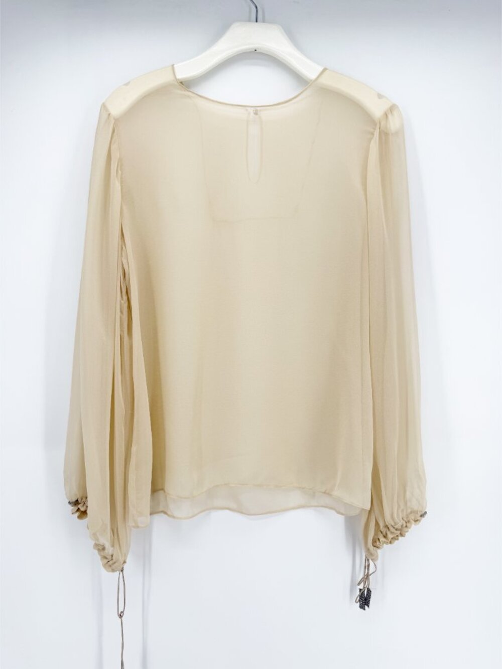 Neutral Beige Sheer LSV Rhinestone Tie Cuff Blouse M - Picture 6 of 9